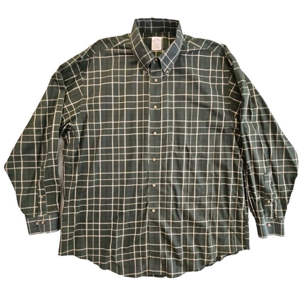 Brooks‎ Brothers 346 Shirt Men's XL Hunter Green Windowpane Old Money Non-Iron